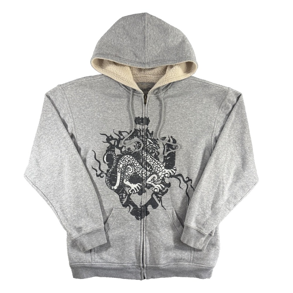 Outlooks Hoodie Mens Medium Gray Sherpa Lined Dragon Full Zip Sweatshirt